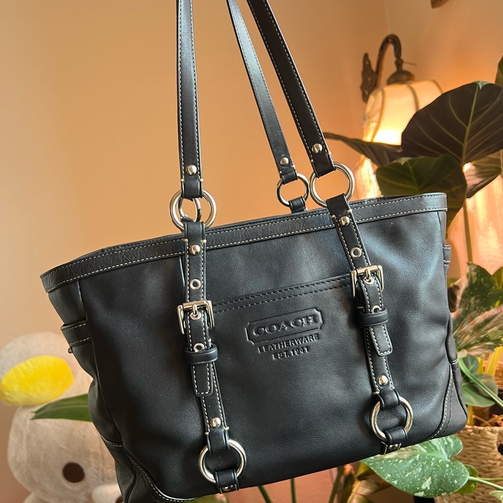 Coach Black Leather Tote with Silver Accents